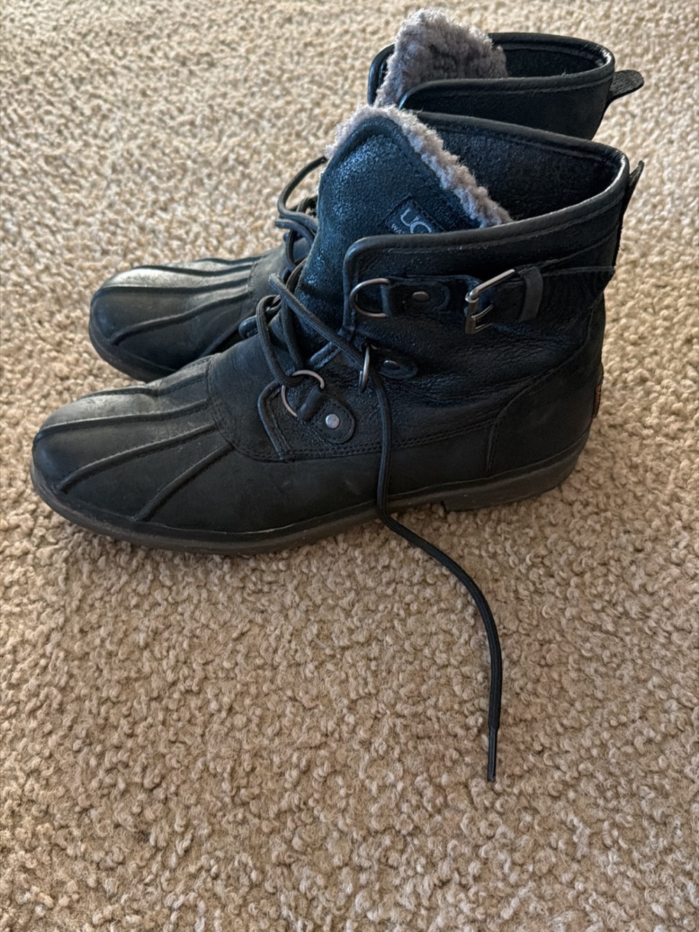 UGG Women's Black Lace-Up Winter Rain Boots with Shearling Collar